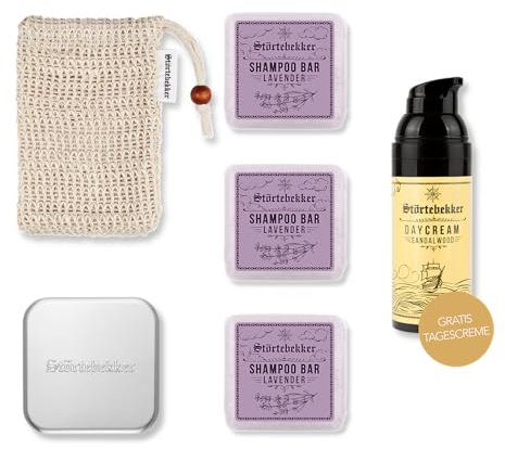 Störtebekker® Premium Dusch Routine Set - Festes Shampoo Lavendel (x3), Sisalsäckchen, Seifendose + GRATIS Tagescreme - Shampoo Bar Set für Haar, Gesicht & Körper - Handgefertigt in Seifenmanufaktur