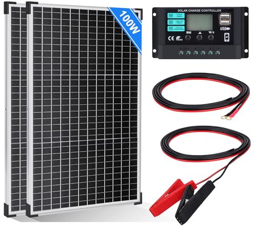 【100W Placa Solar 12V Kit】DERUXI 100W Panel Solar 12V Set: 2 Pcs 50W Monocristalino Placas Solares, Regulador de Carga de 10A, 4PCS Cable Solares, para Autocaravana Vehículos Barco Caravana RV Camping