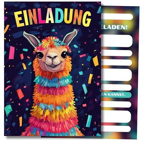 HIDEBLOOM Piñata Alpaka Einladungskarten Kindergeburtstag Mädchen und Jungen I 12 Stück I DIN A6 (10,5 cm x 14,8 cm) I Einladungen Geburtstag Lama I Geburtstagseinladungen Piñata