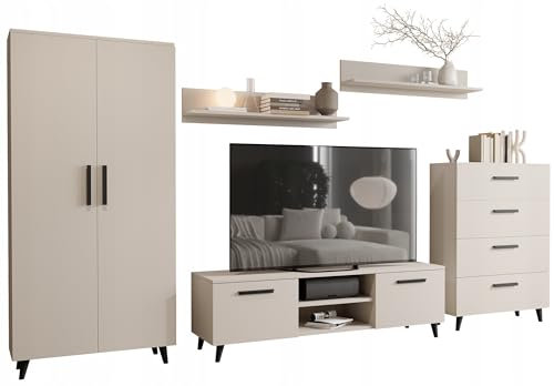 MATKAM Wohnzimmermöbel-Set Nord 2, 5-teilig: TV-Kommode, Schubladen-Kommode, Schrank, 2x Hängeregale, Hochwertige Materialien (Kaschmir)