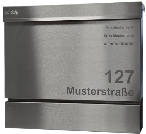 Personalisierter Briefkasten aus Edelstahl, graviert, mit Zeitungsfach, Made in Germany, Design A, von reinkedesign