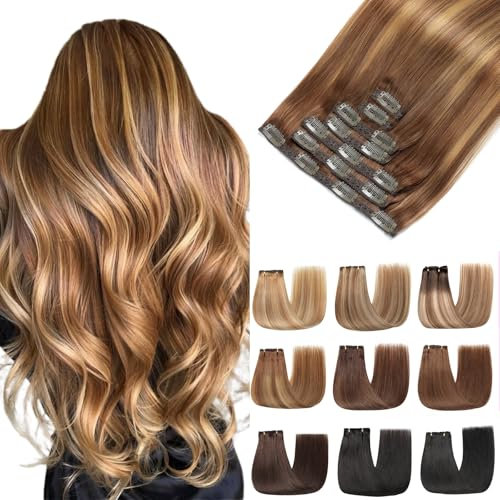 EINbeauty Clip In Extensions Echthaar 7Stücke 120g 60cm Extensions Echthaar Gerade Unsichtbar Echthaar Extensions Extensions Clip In Haarverlängerung(24Zoll,4/4/27#)