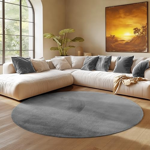 SIMPEX Runder Teppich Grau 80 cm Kurzflor Teppich Waschbar, rund, weich & rutschfest, modern einfarbiges Design für Wohnzimmer, Küche Schlafzimmer, & Kinderzimmer