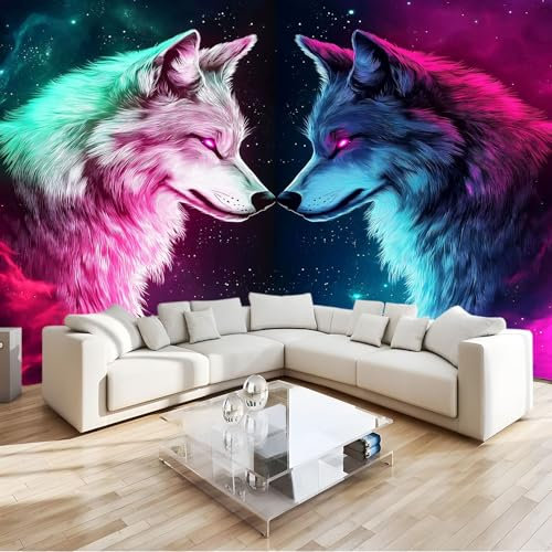 Générique Papier Peint 3D Panoramique Loup Animal Fantastique Cosmique Intissé Peinture Rose Fluo Murale Décor Mural, Pour Salon Chambre Tv Fond Murale Décoration 200 X 140 Cm