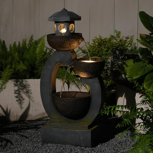 Bumilgar Springbrunnen Solar Gartenbrunnen für Außen mit LED Beleuchtung Zimmerbrunnen Kaskade Brunnen Wasserspiel Wasserfall Brunnen für Garten,Balkon,Terrasse, 90x45x27 cm
