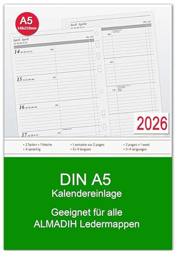A5 Kalendereinlage 2026 (1 Woche auf 2 Seiten)Wochenplaner für alle gängige Terminplaner Organizer Ledermappe Kombimappe Zeitplaner Ersatz Kalender Einlagen Wochen Kalendarium Jahresplan (A5 Manager)
