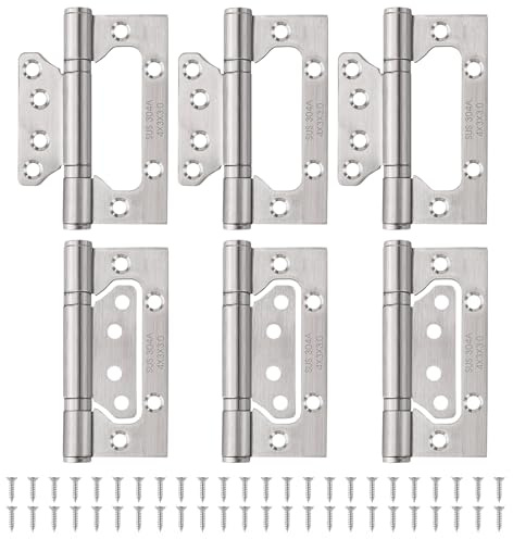 HBL' 6Pcs Door Hinges Surface Mounted Hinge 304 Stainless Steel Flush Mount 105MM x 76MM, Non Mortise Hinges for Heavy Door, Silver