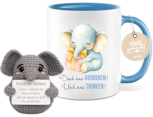 Farbeele Regalo per donne, uomini e bambini, 325 ml, tazza con decorazione a maglia, elefante positivo, portafortuna, compleanno, Natale, buon miglioramento, regalo di esame, regalo di addio