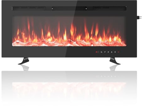 Elektrokamin Ultraflaches Kamin Wandmontiert Einbau Möglich mit Fernbedienung 1800W Heizer, 12 Farben, Timer Bis 12h, ETL-Zertifiziert für 37m², Glasfront & Holz/Kristall Optik