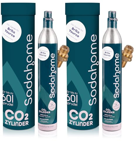 Sodahome 2x CO2 Zylinder für 60L Sprudelwasser - Kompatibel mit allen Brita Yource Geräten - Kohlensäure Zylinder zum Einschrauben für Sprudelwasser - geprüft & abgefüllt in Deutschland (2er Set)