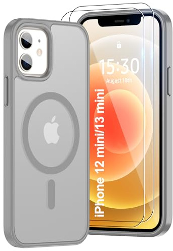Pilaru Magnetic Case for iPhone 12 Mini/13 Mini [Compatible with MagSafe] 2X Screen Protector | Anti-Fingerprint, Shockproof, Skin-friendly Slim Fit Translucent for iPhone 12/13 Mini-Grey