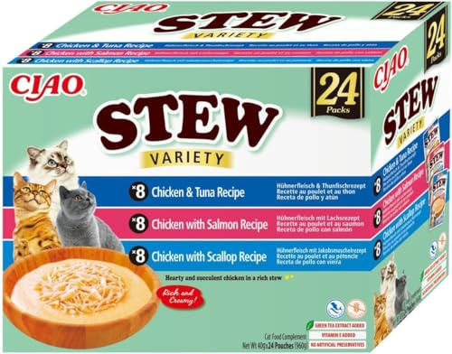 INABA Ciao Stew, Katzenfutter mit Huhnerfleisch und Thunfisch, 24 x 40g | Mit Hochwertigen Zutaten, Cremige Katzensuppe, Getreidefrei, Zuckerfrei, perfekte Leckerli zwischen den Mahlzeiten