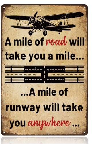 WADORN Airplane Vintage Metal Tin Sign, 12x8 Inch Funny A Mile of Runway Will Take You Anywhere Retro Art Aviation Wall Poster Decor Gifts Plaque for Man Cave Garage Cafe Pubs Bars Home Bathroom