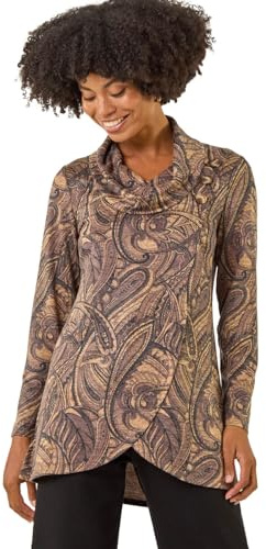 Roman Women's Cowl Neck Long Sleeve Tunic Ladies Lightweight Longline Patterned Top Blouse Snit Autumn Winter Work & Casual Smart Wear Going Out Party Loungewear - Taupe - Size 14