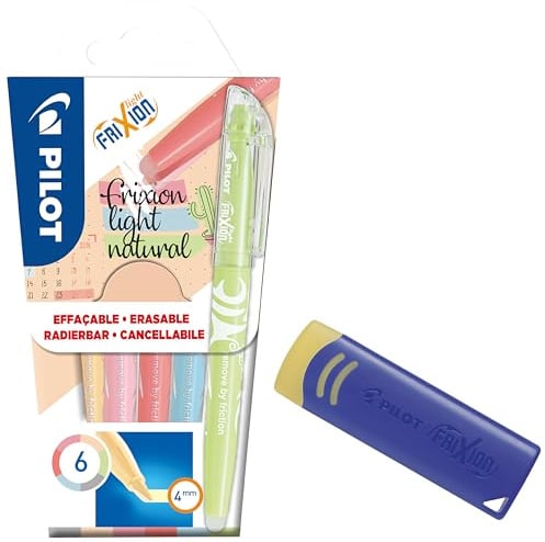 PILOT - 6er-Set FriXion light Natural - Radierbarer Textmarker - Keilspitze für feine oder breitere Linien (+ Radierer)