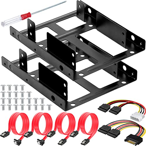 HAAMNING7 2.5 to 3.5 SSD/HDD Mounting Bracket Hard Drive Adapter Metal Bracket Kit - Laptop SSD/HDD Hard Drive to Desktop Computer HDD Adapter with SATA 3.0 Cable, 2 PCS HDD Bracket