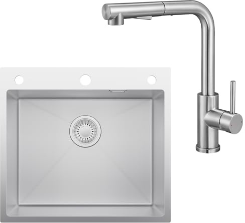 Spüle 44x49 cm Set, Edelstahl Waschbecken Küche mit Küchenarmatur ab 45 cm | Edelstahl, EVA-Schalldämmung, Geruchsverschluss für Abflussrohre, Ausschnittsmaß 41 x 46 cm