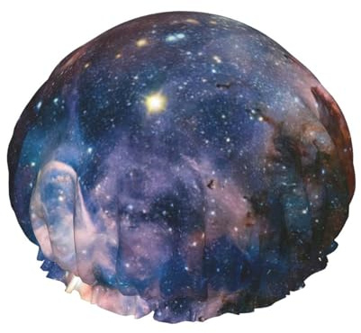 Bonnet de douche double couche lavable avec large bande élastique pour le bain Motif galaxie Voie lactée Univers