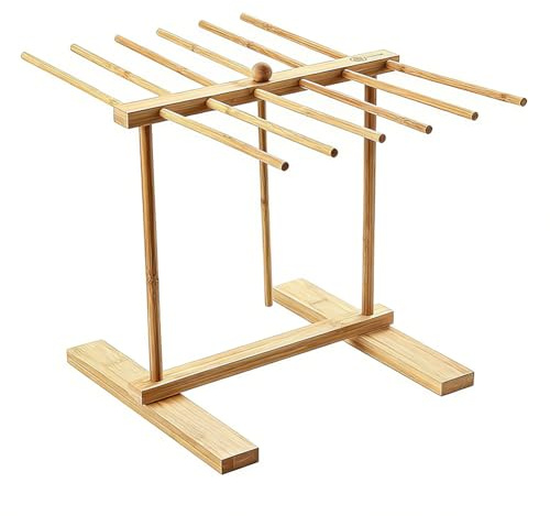 FARYODI Support à pâtes en bois, séchoir à pâtes avec 12 baguettes, support de nouilles séchant, réutilisable, séchoir à pâtes pliable en bois avec barre de transfert