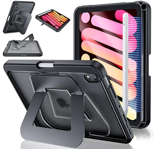PIMOFEE Funda para iPad mini 7 A17 Pro, funda para iPad mini 6 con soporte para lápices, soporte dual ultra estable multiángulo, funda protectora delgada a prueba de golpes con soporte, color negro