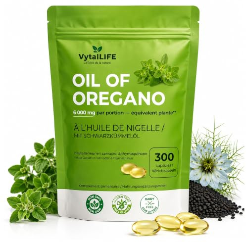 Huile d’Origan & Huile de Nigelle – 300 Gélules (Cure 5 Mois) – 6000 mg Haute Concentration – Soutien Immunitaire Naturel & Bien-Être – Oil of Oregano & Black Seed Oil – Pureté & Qualité Certifiée