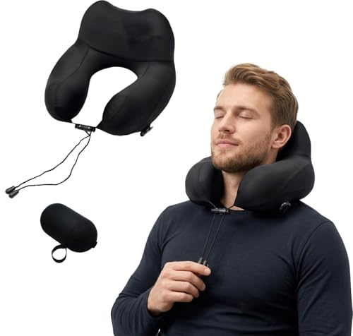 Devineresse Cuscino per il collo gonfiabile, con pompa a mano e scatola, 16 cm, supporto per il collo, cuscino da viaggio in tessuto fresco ice-touch, cuscino da collo per auto, treno, ufficio (nero)