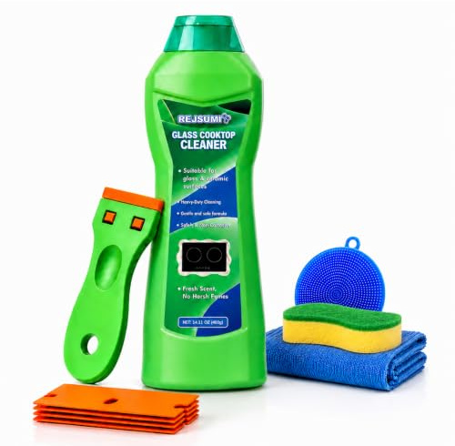 Glass Cooktop Cleaner Kit - Includes 400mL Stove Top Cleaner, Scraper | Scrubbing Pads, Cloth, Effectively Removes Grease and Tough Stains - Use on Induction, Electric & Gas, Ceramic Cooktops