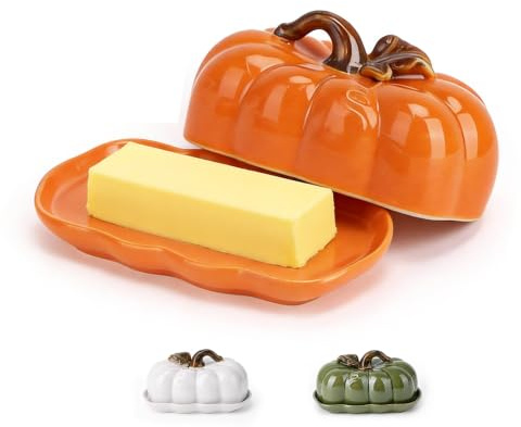 AVEKI Butter Dish with Lid for Countertop, Ceramic Cute Pumpkin Butter Container, Serving Tray with Cover, Decor Dinnerware for Halloween Thanksgiving Pumpkin Party (Orange-A)