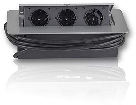 Prise de courant rétractable avec 3 prises Schuko Multiprise de table avec câble de 3 m pour cuisine, bureau Emplacement peu encombrant | 230 V CA | IP20 | noir, argenté | max 3600 W