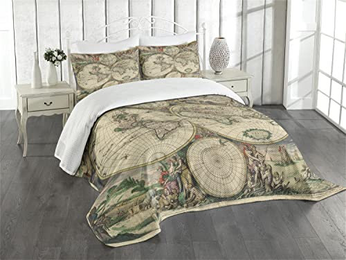 ABAKUHAUS Weltkarte Tagesdecke Set, Antike Klassiker, Set mit Kissenbezug Sommerdecke, für Einzelbetten 170 x 220 cm, Grün Beige