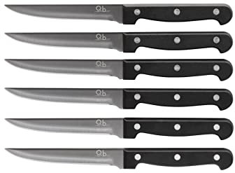 Q.b. by MoPITA, Lot de 6 couteaux à steak avec lame lisse en acier inoxydable, lame de 11,25 cm, kit de couteaux 6 pièces avec poignée rivetée en plastique propylène, lavable au lave-vaisselle