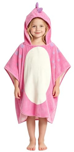 LOLANTA Kinder Badeponcho Dinosaurier mit Kapuze, 100% Baumwolle, Weiches Kapuzenhandtuch mit Druckknöpfen（Rose B, 2-4 Jahre, S