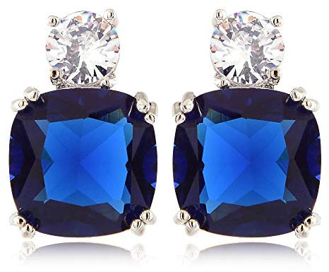 [RIZILIA CLASSIC] Stud Boucles d'oreilles avec coussin Pierced Cut CZ Gemstones [saphir bleu] en or blanc 18k, Simple moderne et élégant