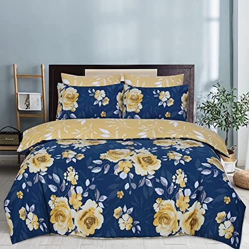 Indus Textiles Duvet Cover Set - 100% Soft Cotton Floral Pattern Reversible Duver Cover With Pillowcases - Roses Navy Mustard - King