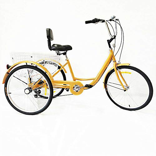 Futchoy 24 Zoll Dreirad für 155-180cm Erwachsene, 6-Gang Erwachsener Einkauffahrrad Schaltung Tricycle mit Korb und Rückenlehne, 3 Räder Lastenfahrrad Fahrrad Bike, Gelb