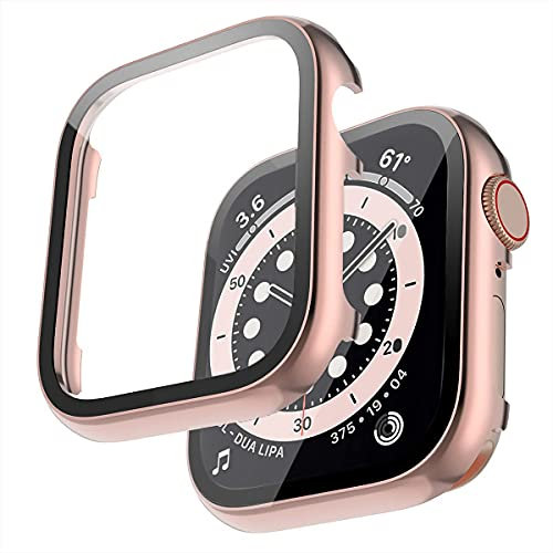 Miimall Compatible con Apple Watch Series 6/SE/5/4 40mm 44mm Funda con Protector de Pantalla Cristal Templado, Brillante Cover de Aluminio Anti-Rasguños Anti-Caída para iWatch 40mm, Rosa