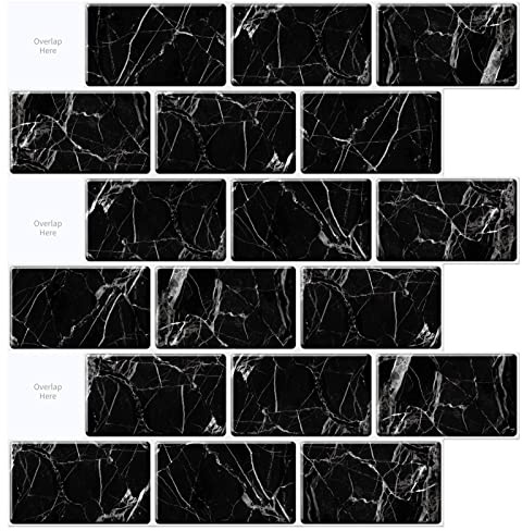 Art3d 10-Sheet Peel and Stick Backsplash Tiles, 12x12 Subway 3D Wall Panels for Kitchen and Bathroom Black Marble Design