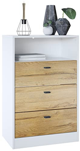 Vladon Kommode Pino V2, Made in Germany, Anrichte mit 3 Schubladen & 1 offenem Fach, Weiß matt/Eiche Natur (56 x 86,5 x 36 cm)