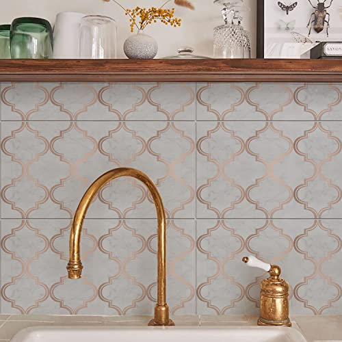 Alwayspon Vinyl Floor Wall Tile Sticker, Non-slip Sticky Back Tile Decals for Kitchen Bathroom Self-adhesive Peel and Stick PVC Floor Sticker DIY, Grey Gold Line Marble Lantern, 30cmX15cmX4Pcs Set