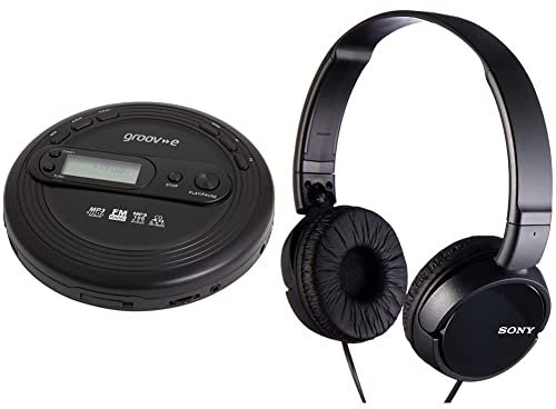 Groov-e GVPS210BK Personal MP3 & Radio CD Player with Track Programmable Memory, LCD Display and Earphones Included - Black & Sony MDR-ZX110 Overhead Headphones - Black