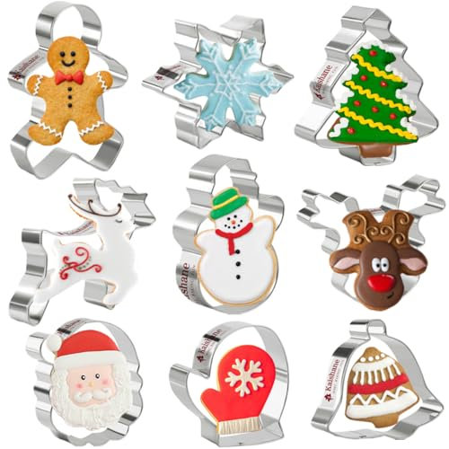 Christmas Cookie Cutters Set of 9 - Star Tree Angel Bell Stocking & More Shapes Stainless Steel.