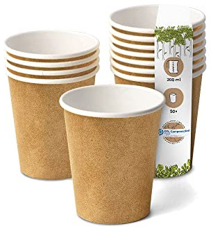 BIOZOYG 50x bicchierini caffè 200 ml / 8 oz, Ø 80 mm bianco con stampa marrone - bicchieri carta senza plastica e con materiali sostenibili - bicchierini caffe carta
