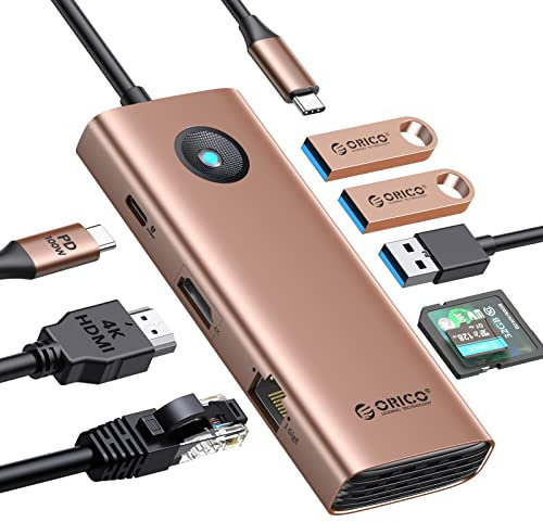 USB C Docking Station, ORICO 8 in 1 USB 3.0 Hub con HDMI 4K+PD100W+3*USB3.0+Ethernet+SD/TF, USB C Hub Multiport Adattatore per MacBook/Dell/HP/Surface/Lenovo, Rosa