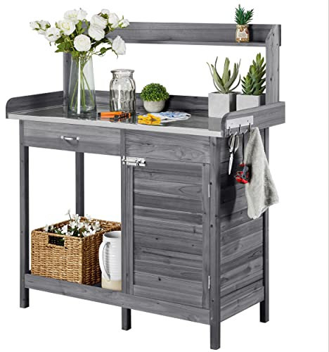 Yaheetech Garden Potting Table Wood Planting workbench w/Cabinet & Drawers Metal Surface Workstation w/Hooks/Shelf for Patio/Yard/Lawn-Grey