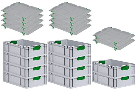 PROREGAL SuperSparSet 10x Eurobox NextGen Color mit Auflagedeckel & Schiebeschnappverschlüsse, HxBxT 17x40x60cm, 34L, Griffe grün geschlossen, Glatter Boden, Eurobehälter Transportbox