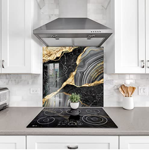 Myphotostation Tempered Glass Splashback 35.4Wx14H'-Black Golden Backsplash Design Cooker Gold Backsplash Panel Glass Splashback for Bathroom Panel Design Marble Splashback for Stove Kitchen