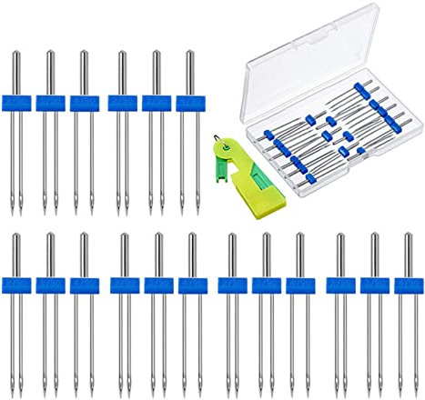 Biitfuu 18-teiliges Nähmaschinen-Zwillingsnadel-Set, Zwillings-Stretch-Maschinennadel, Zwillingsnadeln, Stifte mit Kunststoff-Einfädler