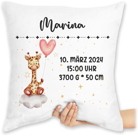 Kissen 40x40 Zierkissen - Geburtsgeschenk Giraffe Datum Uhrzeit Gewicht Größe I Geschenk zur Geburt personalisiert - 40 x 40 cm - Weiß - personalisierte personalierste Geschenke Baby neugeboren