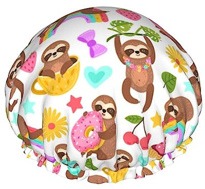 Cute Animal Sloth Print Shower Caps Bath Cap For Women Adjustable Double Layer Hair Protection Spa Salon Shower Hat