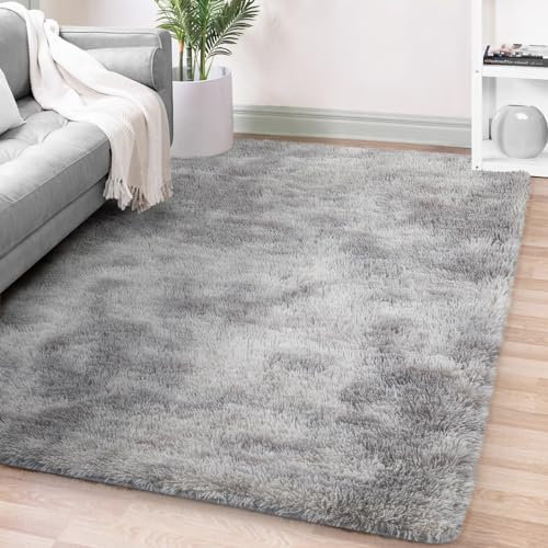 FVVRAX Ultra-Plush Shaggy Area Rug for Bedroom & Living Room 240x300cm – Machine Washable Luxury Tie-Dye Carpet, Non-Slip Fluffy Floor Mat for Cosy Homes, Nursery & Dorm Decor, Light Grey